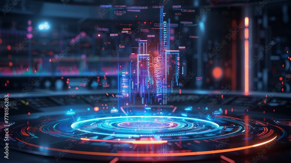Poster a futuristic holographic display showing a graph floating in mid-air