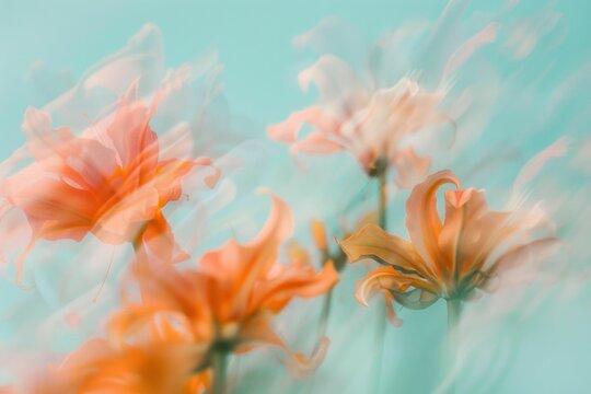 Abstract composition of orange flowers in a vase against a blue backdrop with blurry water reflections