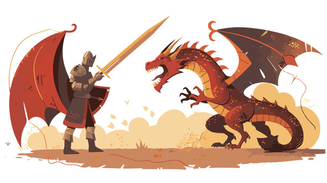 Vector image of a knight about to battle a dragon Flat