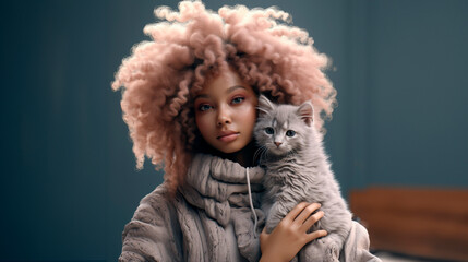 Beautiful young African American girl with a fluffy afro hairstyle holding a fluffy kitten. AI generated
