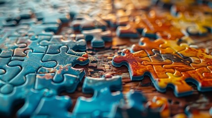 Jigsaw: A close-up of a jigsaw puzzle being assembled - obrazy, fototapety, plakaty
