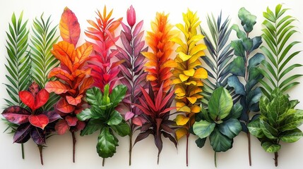 Fototapeta premium a row of different colored leaves on top of each other in front of a white wall with a white background.