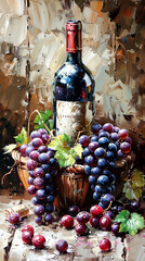 Basket with grapes and a bottle of red wine, still life. Oil painting. - obrazy, fototapety, plakaty