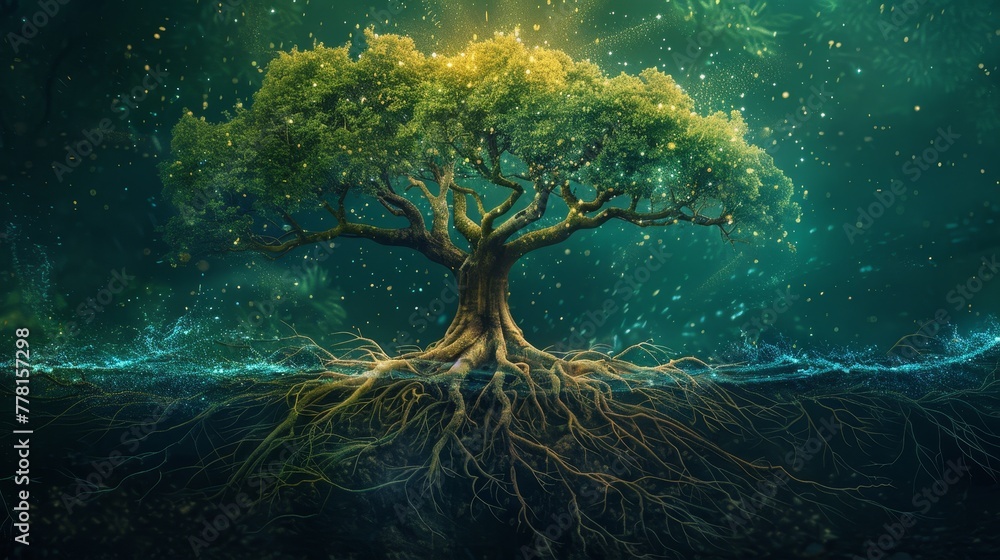 Poster illustrate a network of roots spreading out from a central tree
