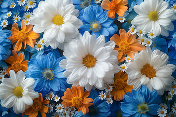 Floral background with white, blue , orange flat chrysanthemums, and small white daisies  