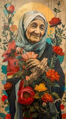 Saint Teresa of Calcuttas legacy of love and service is celebrated in a contemporary mural, depicting her iconic smile and outstretched arms embracing the marginalized, no contrast