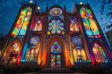Fototapeta na wymiar The colorful illumination of the church facade, with its intricate carvings and vibrant stained glass windows, draws worshippers into its sacred space, super detailed