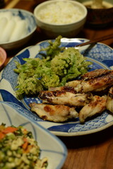 Grilled chicken wings and tempura of edible wild plants for dinner.