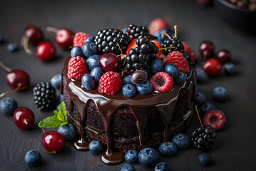 Sweet delicious berries and chocolate cake with decor on plain background