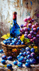 Still life with blueberries and bottle of wine on a wooden background. Oil painting. - obrazy, fototapety, plakaty