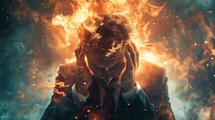 Close-up of a stressed businessman clutching his head, flames and smoke emanating from his mind, representing pressure Intense, metaphorical. - obrazy, fototapety, plakaty
