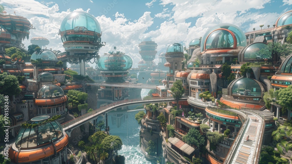 Poster an endless escalator spiraling through a surreal landscape of floating islands