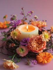 Fototapeta na wymiar candle in a nest with flowers.