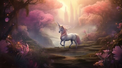 Aurelia the enchanted unicorn in a mystical forest landscape - obrazy, fototapety, plakaty