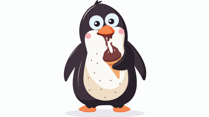 Cartoon penguin holds chocolate ice cream treat flat vector