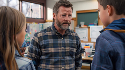 Obraz premium Engaged teacher in a plaid shirt attentively discussing a lesson with young students in a classroom setting.