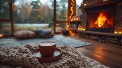 a cup of coffee on a saucer on a blanket in front of a fire place in a living room.