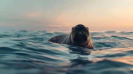 Magnificent walrus floating gracefully in the tranquil ocean, surrounded by softly blurred waves and a breathtaking horizon