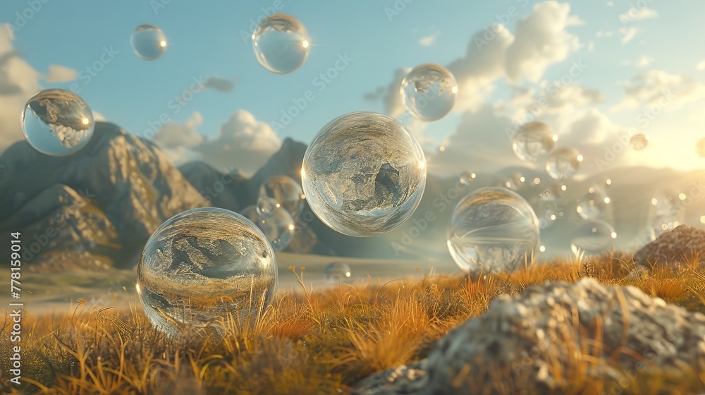 Poster a surreal landscape of floating orbs, each symbolizing a different team member