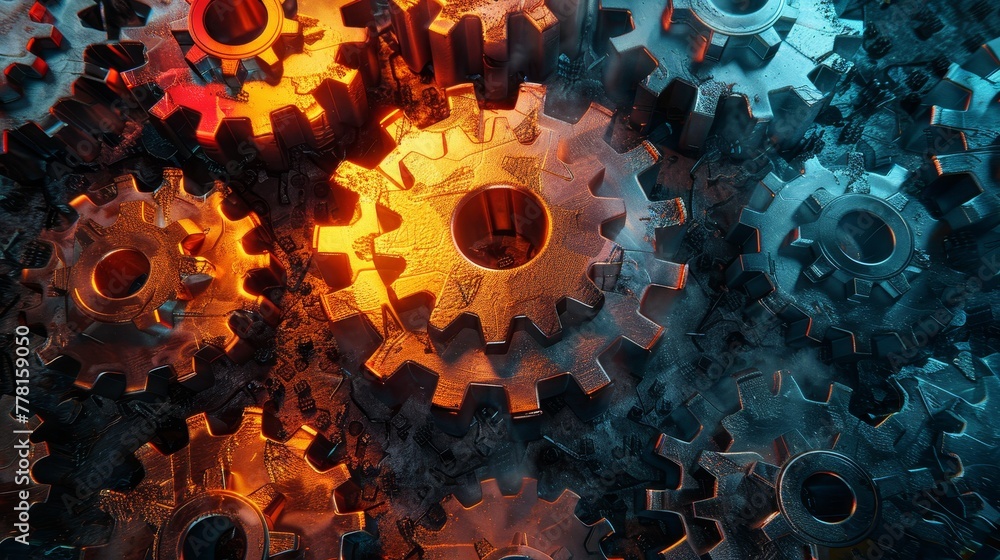 Poster a surreal dance of interconnected gears symbolizing the smooth collaboration and synchronization