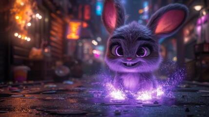 a cartoon rabbit with glowing purple eyes and a purple tail standing on a city street at night with buildings and lights in the background.