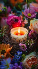 candle in a nest with flowers.