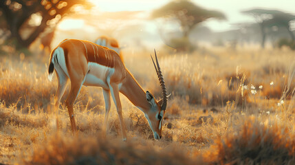 Majestic antelope gracefully grazing in a sunlit savanna, with blurred acacia trees in the...