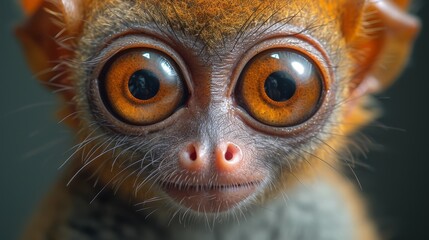 a close up of a monkey's face with a surprised look on it's face and orange eyes.