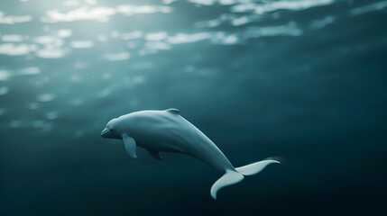 Majestic beluga whale gliding gracefully through the depths, framed by a serene, blurred ocean backdrop