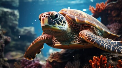 Turtles are swimming in the deep sea with coral rocks that look very exotic