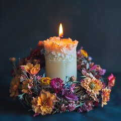 candle in a wreath of dried flowers.