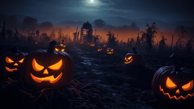 Creepy pumpkin patch with glowing jack o' lanterns on a foggy night