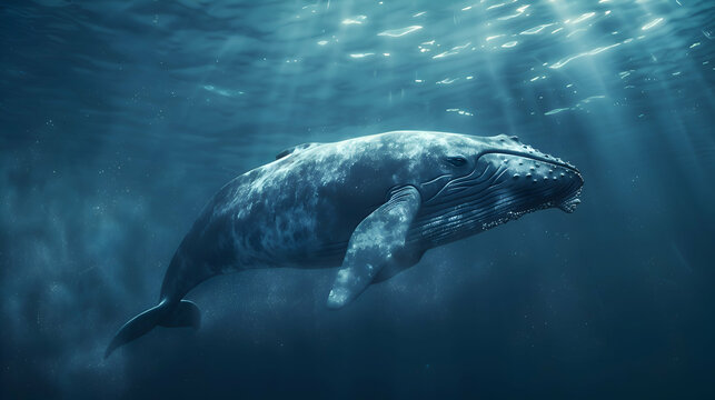 Majestic bowhead whale gracefully gliding through the deep blue ocean, with a mesmerizing blurred underwater world as its backdrop