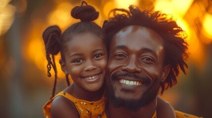 a man with dreadlocks holding a little girl in front of a yellow background and smiling at the camera.