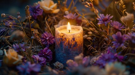Obraz na płótnie Canvas candle in a wreath of dried flowers.