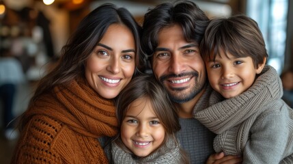 a man and two women and a child posing for a picture with a man in a brown sweater and a woman in a brown sweater.