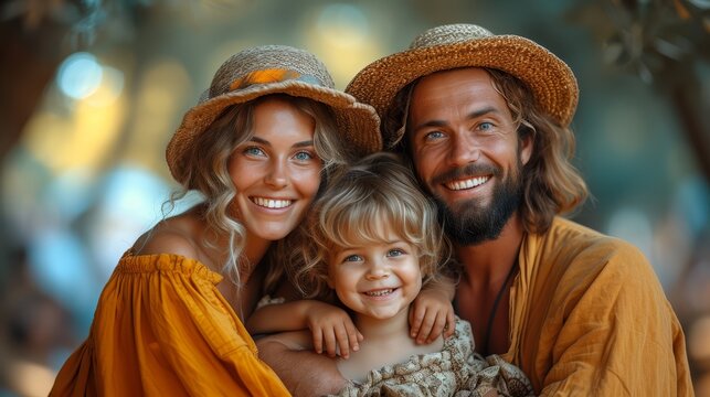 a man and a woman pose for a picture with a little girl in a yellow dress and a straw hat.