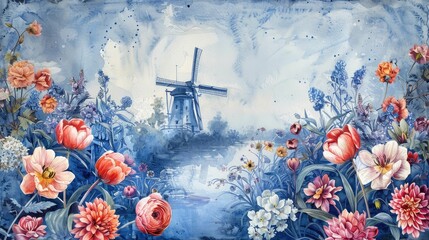 Watercolor Floral Frame with Windmill and Canal Landscape in Delft Blue Tones