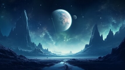 Futuristic hyper space landscape with distant planets