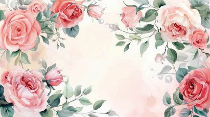 Romantic Watercolor Floral Frame with Interlaced Thorn Branches and Pearls on Blush Pink Background