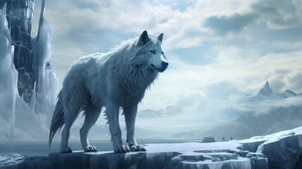 Majestic white wolf standing proudly on a frozen mountain peak