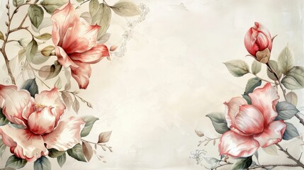 Watercolor Botanical Frame with Magnolias and Camellias on Timeless Antique White Background