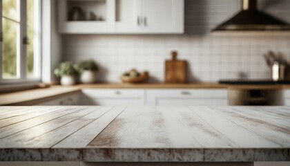 Empty white wooden table with blurred kitchen background 