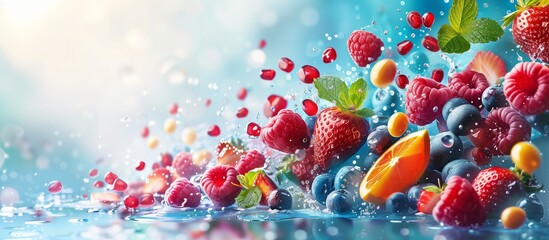 Collection of fruits with fresh berries , healthy banner - obrazy, fototapety, plakaty