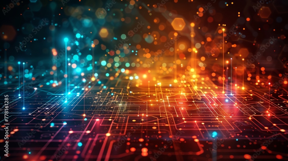Poster a colorful, abstract image of a circuit board with a blue and red background. the image is full of b
