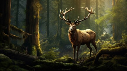Majestic deer standing in the heart of the tranquil forest - obrazy, fototapety, plakaty