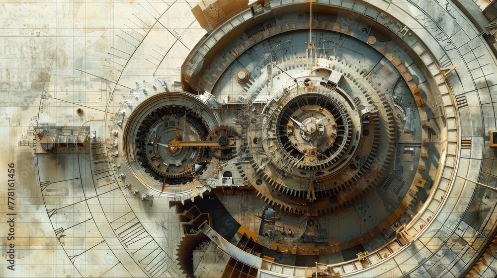 Aufkleber a large, abstract, and somewhat creepy looking structure with a clock on it. the clock is surrounded