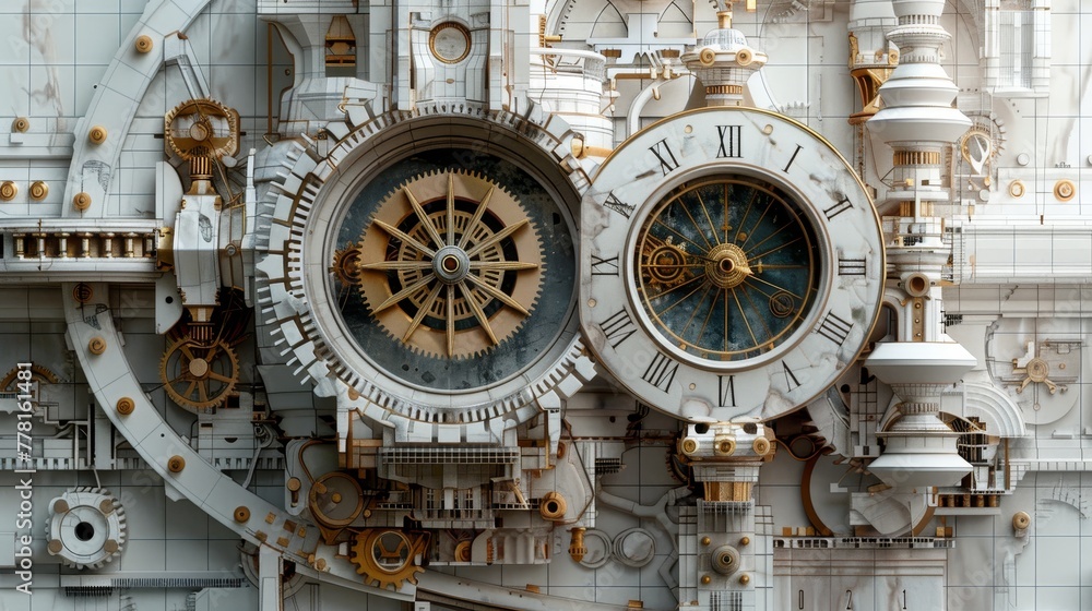 Poster a clock with roman numerals and gears on a white background. the clock is set at 12:00