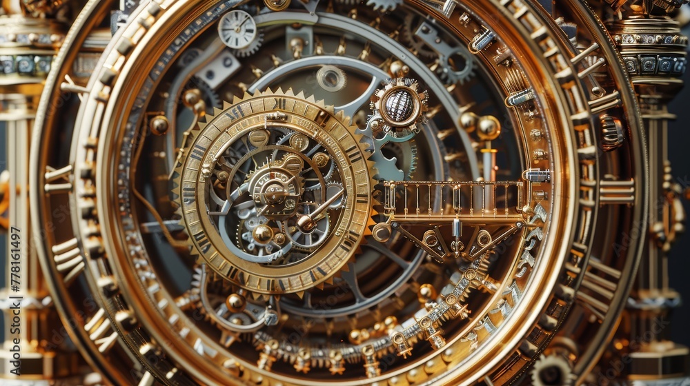 Poster a clock with gold roman numerals and gears. the clock is a work of art and not a functional timepiec