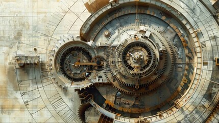 Obraz premium A large, abstract, and somewhat creepy looking structure with a clock on it. The clock is surrounded by gears and other mechanical parts. The structure appears to be a part of a larger